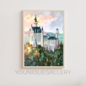 Neuschwanstein Castle Germany Oil Painting Wall Art, Fairytale Landmark Poster Print, European Decor Printable Digital Download