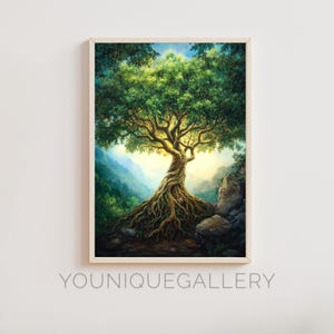 Majestic Yggdrasil Tree Printable Wall Art, Norse World Tree Digital Download, Green Nature Painting, Spiritual Poster Print