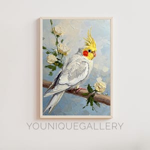 Pintura al óleo imprimible de cacatúa, arte mural de loro tropical, descarga digital de rosa blanca, decoración de pájaro pastel, póster de animal empastado