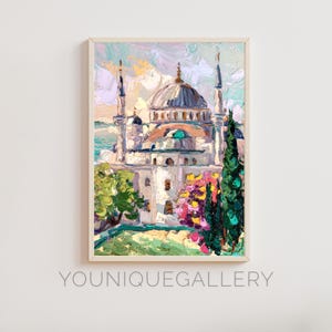 May include: A painting depicting a mosque with a white dome and minarets, surrounded by trees and flowers. The painting is executed in a loose, impressionistic style with vibrant colours.