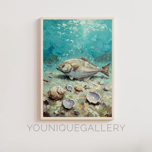 May include: A painting of a fish swimming in the ocean. The fish is white with a grey back and is surrounded by seashells. The water is a light blue colour and the background is a light blue sky.