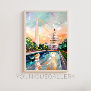Washington DC Oil Painting Printable Wall Art Capitol Building Monument Print Digital Download, National Mall Reflection Poster Modern Decor