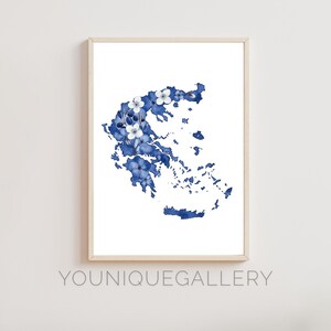 Griechenland Land Karte Floral Umriss Malerei druckbare, blau weiße Flagge Farben Kunst, griechische mediterranen Dekor Geschenk zum Download