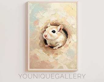 Gerbil Impasto Painting Printable, Cute Desert Animal Wall Art, Rodent Digital Download, Minimalist Nature Decor for Pet Lovers