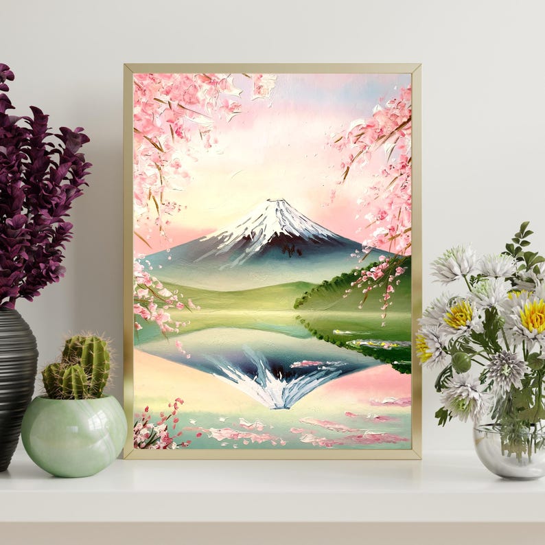 Mount Fuji Cherry Blossom Painting: Japanese Landscape Art (digital ...