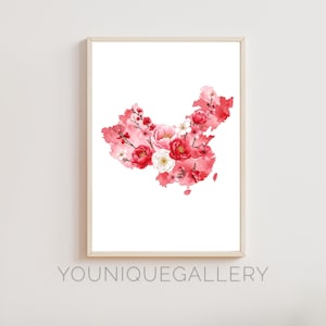 China Blumen Karte druckbare Malerei, Aquarell Pfingstrose Pflaumenblüte Kunst, rosa rot chinesisches Dekor, asiatische Wandkunst digitaler Download