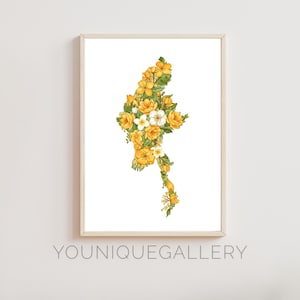Pintura imprimible con mapa floral de Myanmar, arte floral de Padauk en acuarela, regalo de decoración birmana, descarga digital del Sudeste Asiático