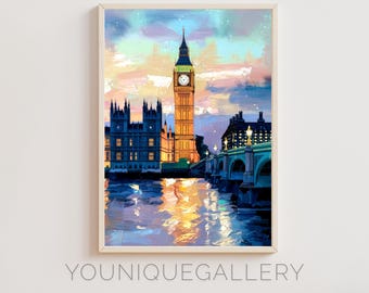 Pintura del Big Ben al atardecer: Arte mural del paisaje urbano de Londres (Descarga digital)
