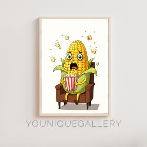 Lámina artística de palomitas de maíz, decoración para una noche de cine, ilustración de comida, arte mural original, póster de cocina de dibujos animados, regalo para amantes del cine.