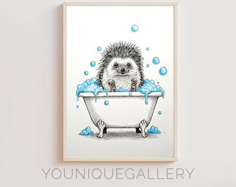 Hedgehog Bathtub Print, Bathroom Wall Art, Cute Animal Digital Download, Blue Nursery Decor, Kids Bathroom Printable Art
