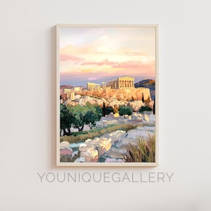 May include: A painting of the Acropolis in Athens, Greece. The white marble structure is perched on a hilltop with green trees and a blue sky with pink clouds in the background.