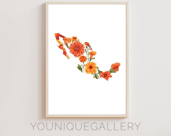 Watercolor Mexico Map Painting Printable, Dahlia Cempasuchil Floral Art, Orange Yellow Mexican Decor, Latina Gift Download