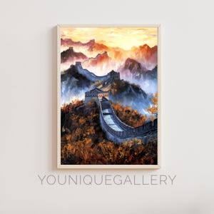 Great Wall of China Painting Wall Art, Chinese Landmark Sunset Poster Print, Asian Landscape Digital Download, China Home Decor