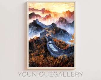 Art mural peinture grande muraille de Chine, impression d'affiche de coucher de soleil de monument chinois, téléchargement numérique de paysage asiatique, décoration d'intérieur de la Chine