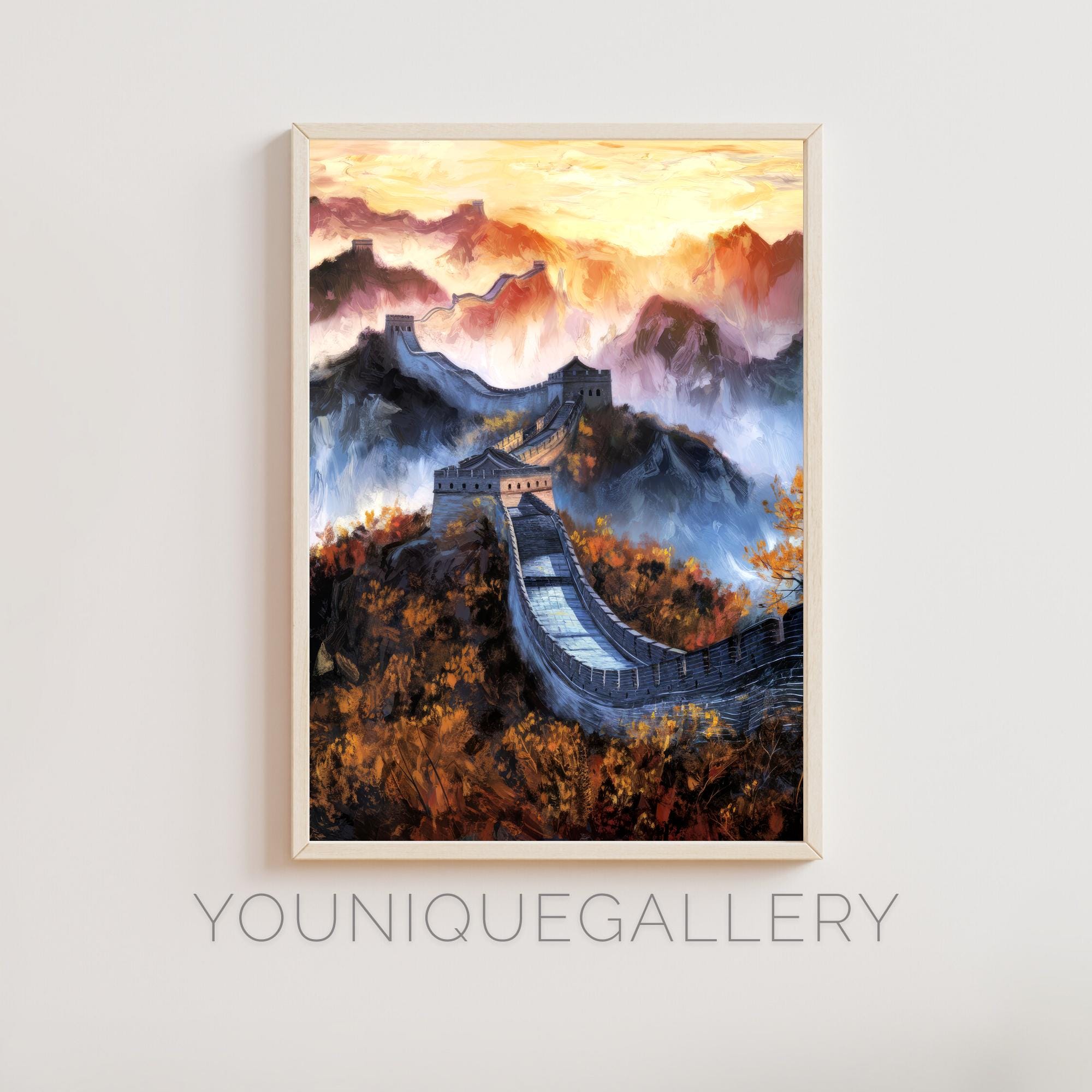 希少Painting on China お値下しました Great Wall of China Painting Wall Art, Chinese Landmark Sunset