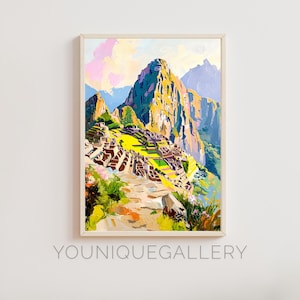 Machu Picchu Peru Painting Wall Art, Inca Landmark Poster Print, Mountain Landscape Digital Download, Peruvian Printable Decor for Home