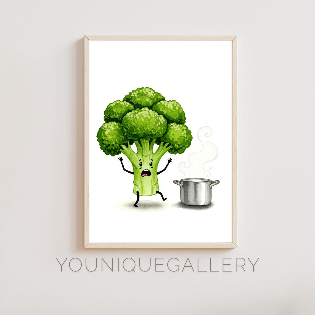 面白いブロッコリーのキッチンアートの印刷物、かわいい食べ物の