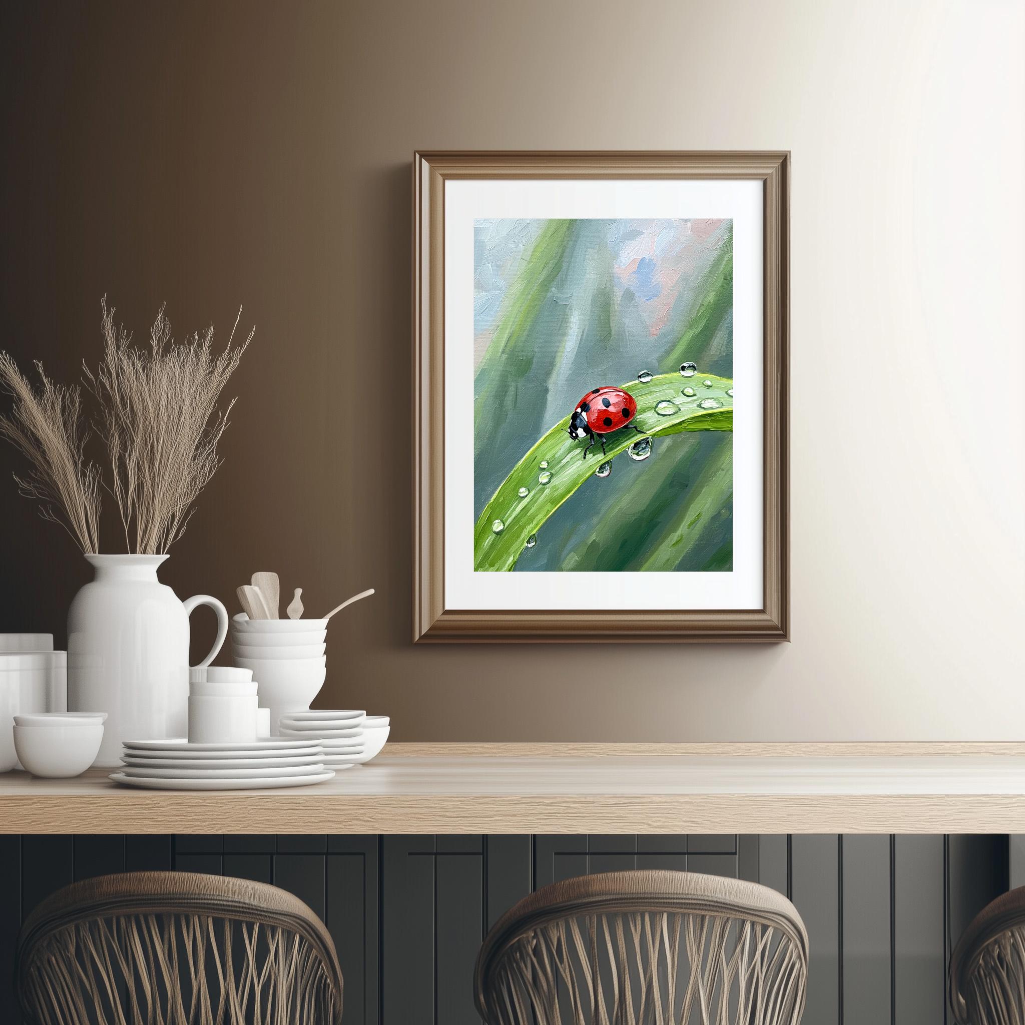 てんとう虫の露滴の絵画：夏の庭のアートプリント（デジタル