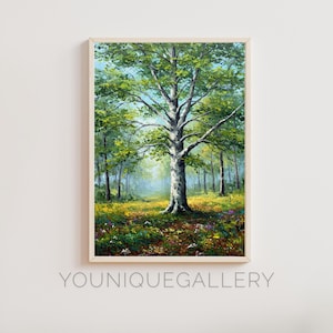 May include: A framed oil painting of a forest scene. A large tree with green leaves dominates the center, surrounded by other trees and a colorful meadow. The painting has a natural, serene feel.