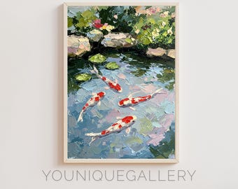 Koi Fish Pond Art Print: Japanese Garden Painting (Digital Download)