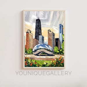 Puede incluir: Una pintura de la escultura Cloud Gate en Chicago, también conocida como "The Bean", con el horizonte de la ciudad al fondo. La escultura es plateada y reflectante, y los edificios están pintados en una variedad de colores, incluyendo rojo, naranja, amarillo y azul.