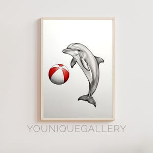 Delfin Wasserball Bleistift Skizze, Kunst-Wand-Dekor, digitaler Download Poster-Druck, spielerische Kinderzimmer-Kunst