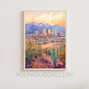 Tucson Arizona Ölgemälde druckbare Wandkunst, Wüste Saguaro Kaktus Druck digitaler Download, Berg Sonnenuntergang Poster moderne Südwesten Dekor