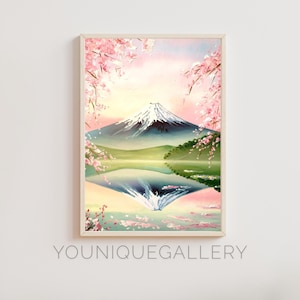 富士山水彩画プリント：日本の風景、桜（デジタルダウンロード