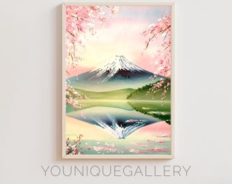 Pintura de cerezos en flor en el Monte Fuji: Arte paisajístico japonés (Descarga digital)