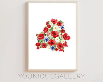 Kaart van Wit-Rusland bloemen aquarel kunstafdruk: Wit-Russisch decor (digitale download)