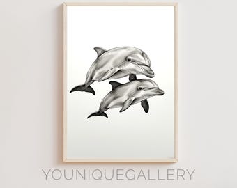 イルカの鉛筆画プリント｜ゲイリー・タイモンによるサイン入り野生動物