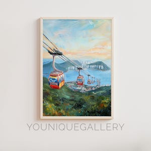 Pintura al óleo imprimible sobre el parque oceánico de Hong Kong, descarga digital de impresión de tranvía, póster asiático, decoración moderna, arte mural con horizonte