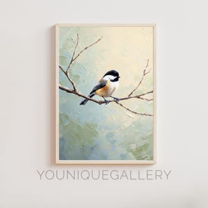 Dipinto stampabile di cinciallegra, download digitale di arte murale con natura neutra, decorazione minimalista con rami, poster di uccelli in pasta frolla, stampa di paesaggi boschivi