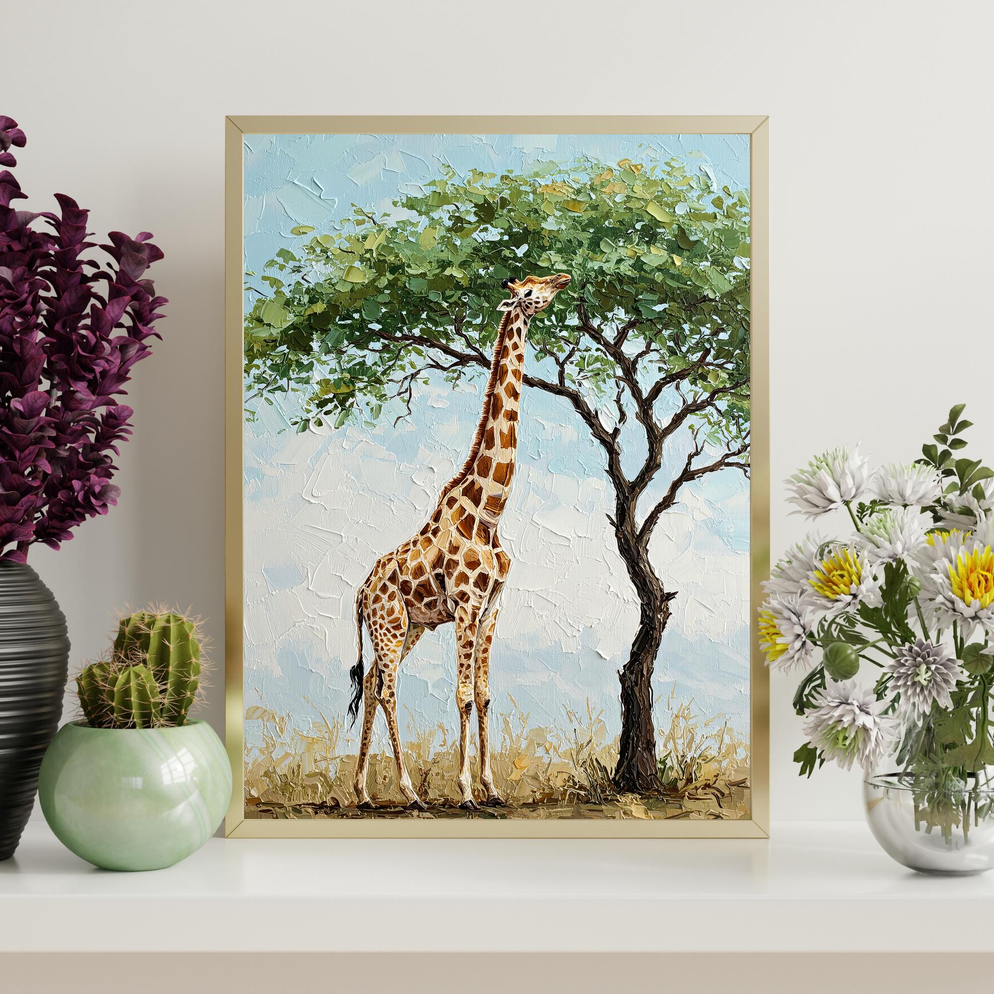 キリンのウォールアート（印刷可能）、アフリカの野生動物の油絵