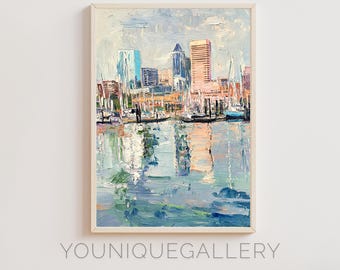 Obraz olejny przedstawiający panoramę miasta Baltimore Inner Harbor (pobranie cyfrowe)