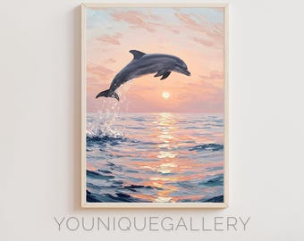 Stampa artistica di un delfino che salta al tramonto: vista sull'oceano costiero (download digitale)