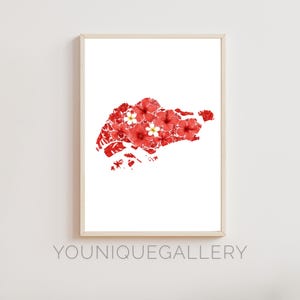 Singapur Karte Umriss Gemälde Druck, SG Reise Souvenir Wandkunst, rot weiße Flagge inspiriertes Dekor, Lion City druckbare Download
