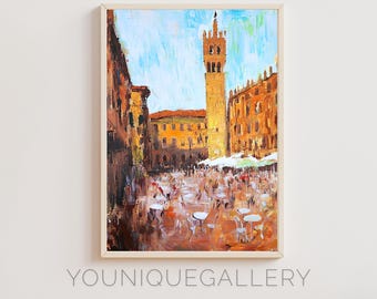 水彩画 シエナ カンポ広場 プリント：トスカーナの風景、イタリア