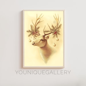 Elegante arte de pared de renos, renos navideños con acebo y adornos, impresión de decoración navideña, arte de renos en acuarela para el hogar navideño