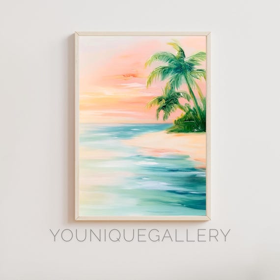 トロピカルビーチの夕日の絵画：ヤシの木の海のアート（デジタル
