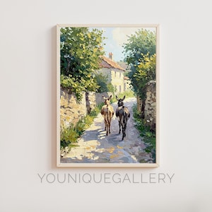 Puede incluir: Una pintura de dos burros caminando por un camino de piedra en un pueblo. Los burros son marrón y negro, y el camino está bordeado por muros de piedra y árboles verdes. El cielo es azul y soleado.