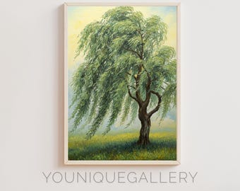 Willow Tree Landscape Painting: Serene Green Home Decor (Digital Download)