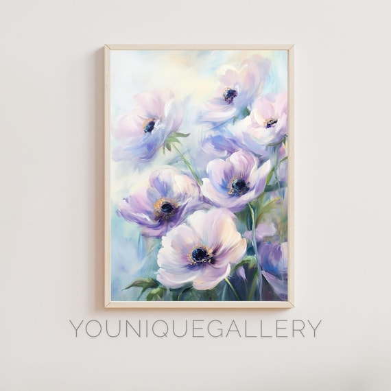 紫のアネモネの花の絵画：ボタニカルウォールアート（デジタル