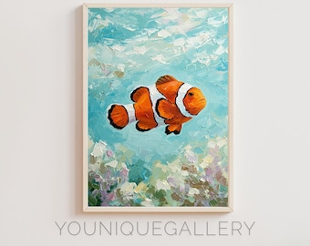 May include: A painting of an orange and white clownfish swimming in blue water with coral reefs in the background.