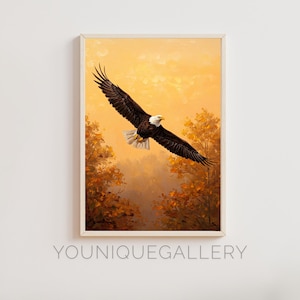 Fliegender Weißkopfseeadler druckbare Malerei, Herbst-Waldwild lebende Tiere Kunst, Vaterländischer digitaler Download, Freiheit Wand-Dekor, rustikales Tierdekor
