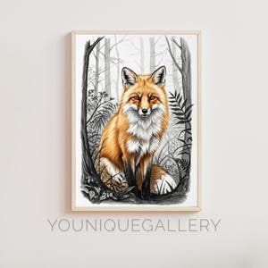 Druckbare Rotfuchs Wald Bleistift Skizze Wand Kunst Dekor, Digital Download Poster Druck, Detailliertes Natürliches Dekor
