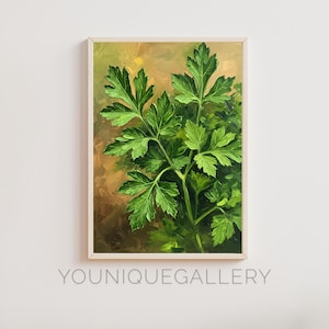 Könnte beinhalten: Ein Gemälde eines Bunds grüner Petersilienblätter vor braunem Hintergrund.