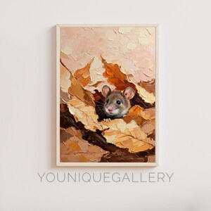 Pintura digital de rato em folhas de outono para download, impressão em empastamento texturizado, arte de parede com natureza outonal, pôster de decoração aconchegante para casa, animal da floresta