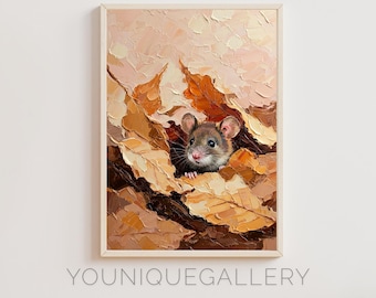 Mouse in Autumn Leaves Art Print: Textured Fall Home Decor (Digital Download)