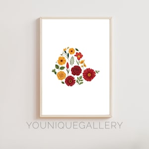 May include: A printable art print featuring a heart-shaped arrangement of red and yellow flowers. The flowers are arranged in a heart shape on a white background.